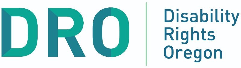 Teal and bright green DRO logo with its acronym and Disability Rights Oregon written out separate by a mint green vertical line