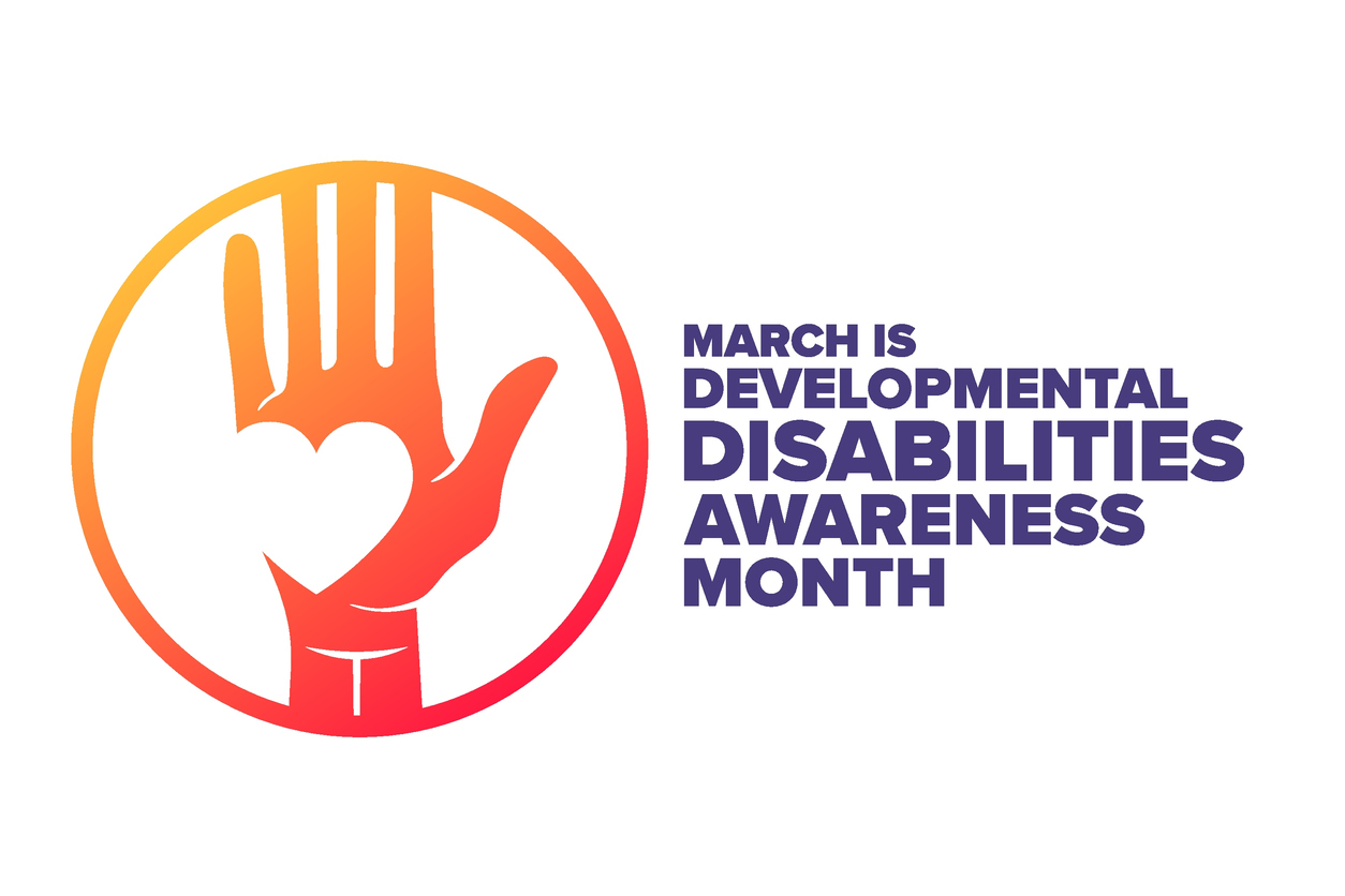 Illustration of an orange and red open hand in a circle with a heart in front with text, ‘March is Developmental Disabilities Awareness Month’