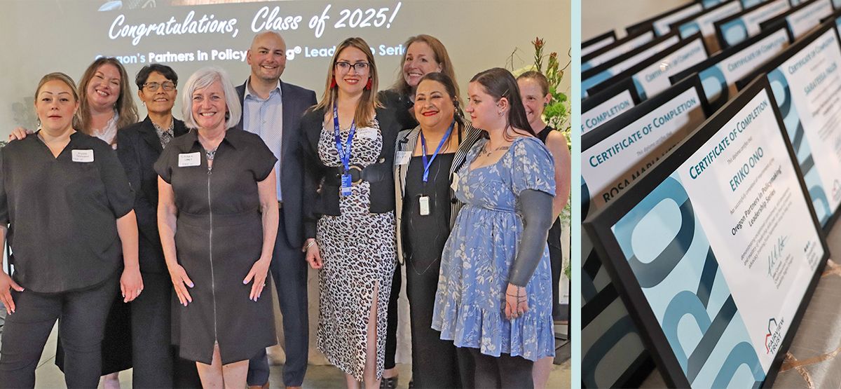 Photo of PIP Coordinator Coleen Carey smiling with several 2025 PIP graduates and Jake Cornett, DRO Executive Director and CEO. There is a second photo of framed diplomas each graduate received for completing 130 hours of intensive advocacy training